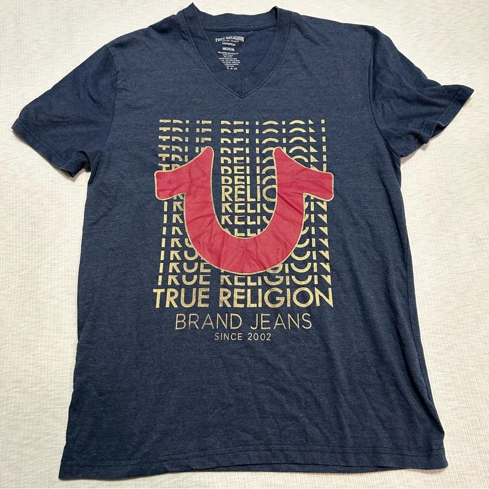 True Religion T-Shirt Medium‎ Men's Loungewear Blue Logo V Neck FLAW